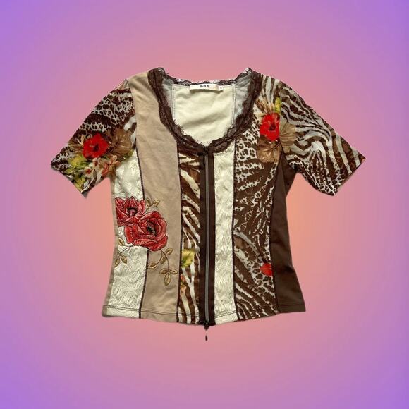 Vintage Patchwork Pattern Animal Print Lace Top Sz M Y2K Whimygoth - Picture 1 of 1